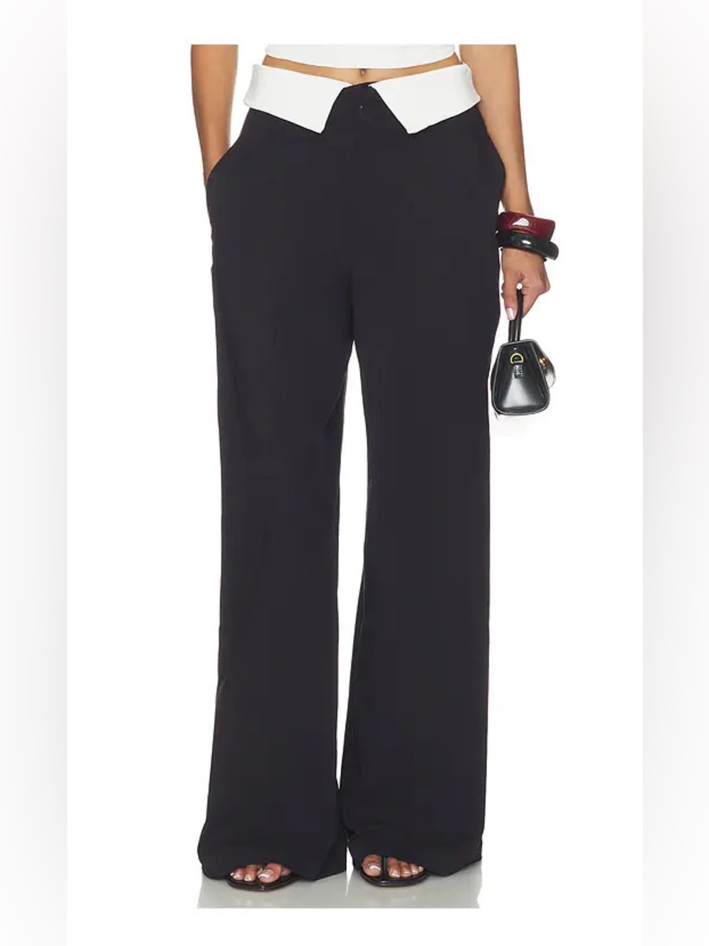 Weworewhat High-Waist Wide-Leg Black Pants with Contrast Waistband